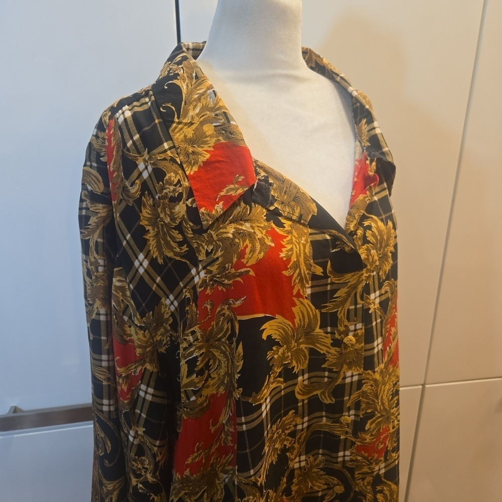VTG 100% Silk Plaid Maximalist Button Down Blouse Top Black Red Size 22 24 2X